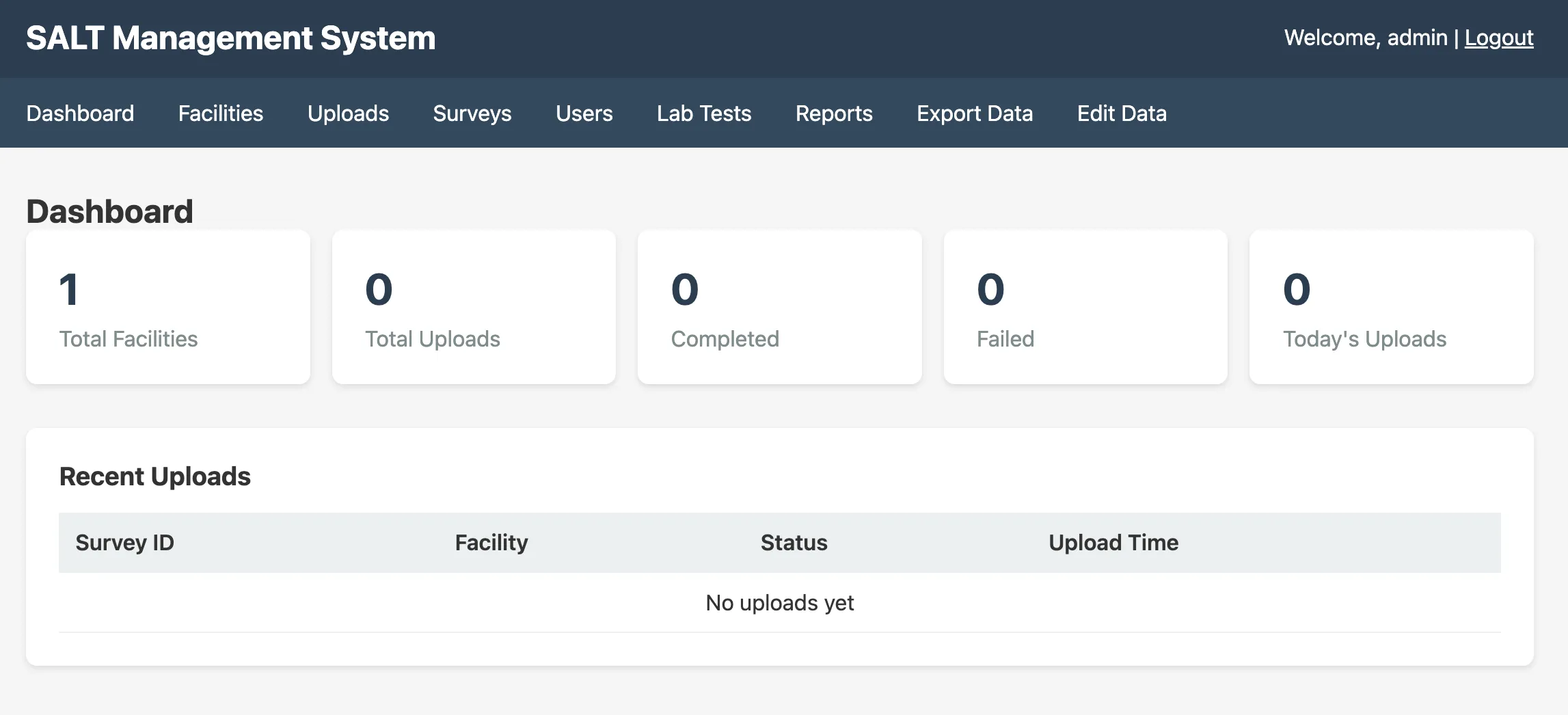 Dashboard overview showing upload statistics