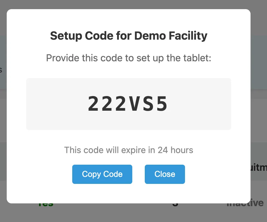 Facility setup code dialog showing 6-character code
