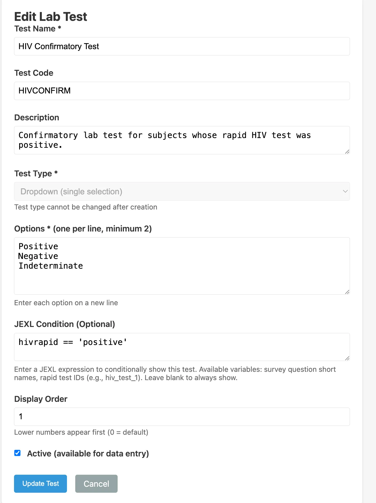 Lab test edit modal