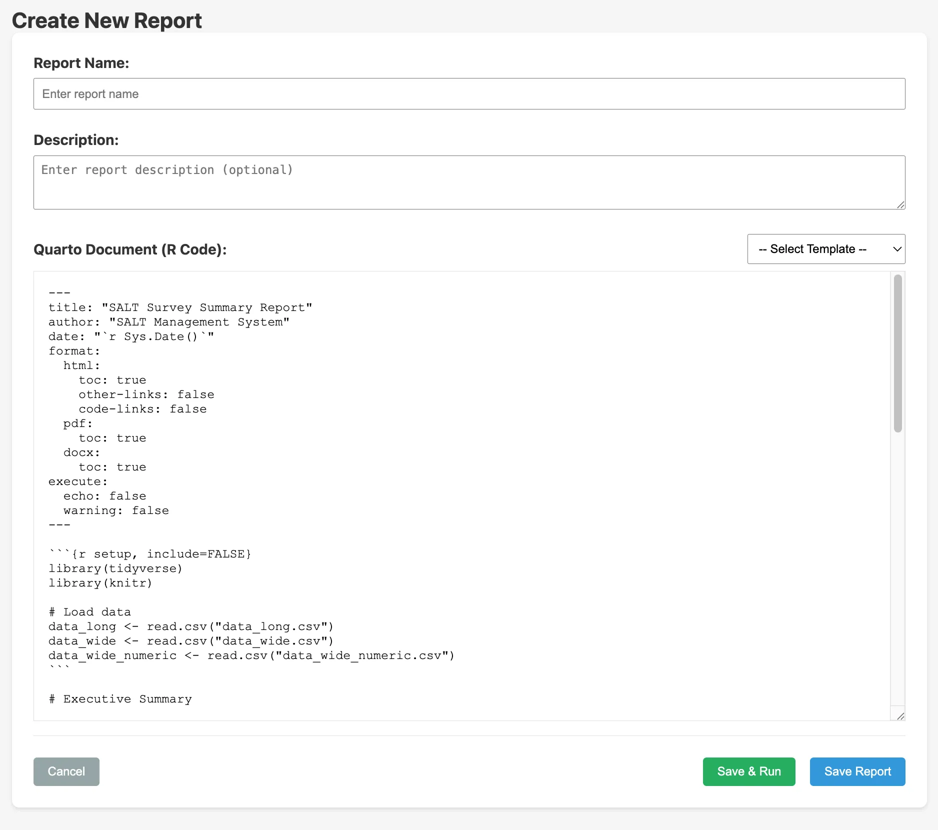 Create new report form