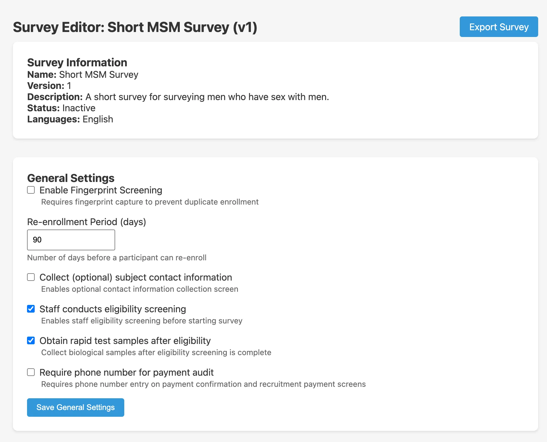 Survey general settings showing eligibility and rapid test options