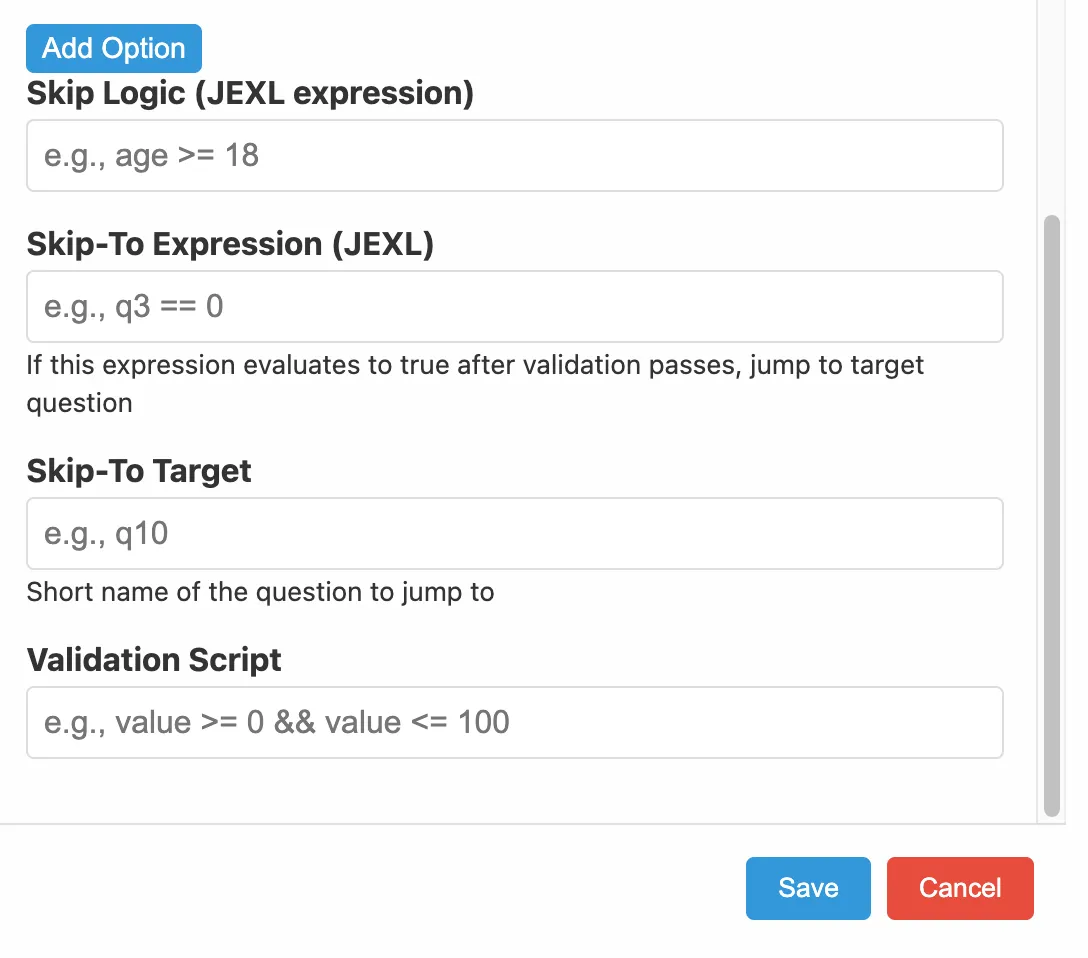 Question edit modal, logic fields