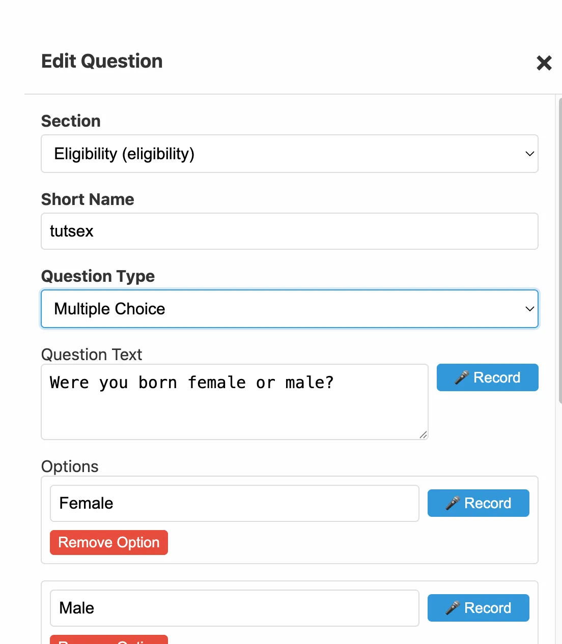 Question edit modal, top half