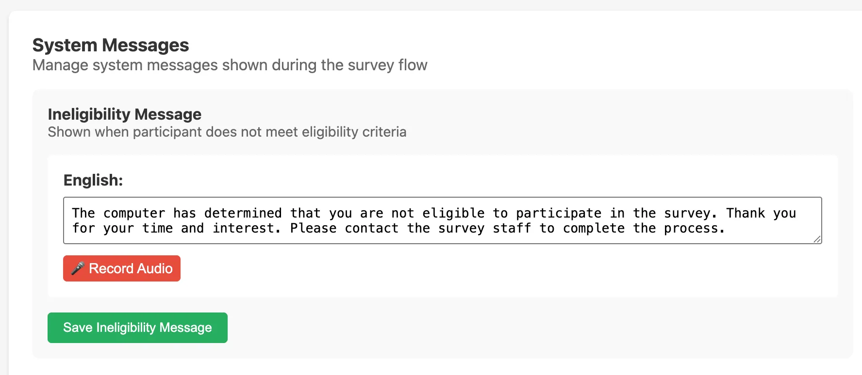 System Messages tab showing ineligibility message editor