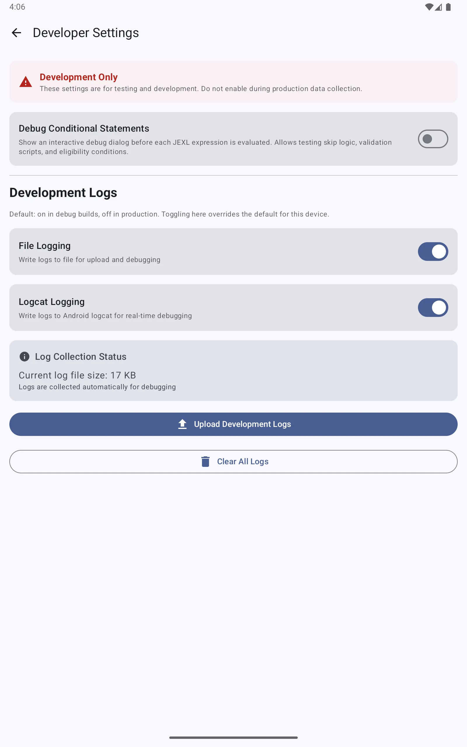 Developer Settings screen showing Debug Conditional Statements toggle