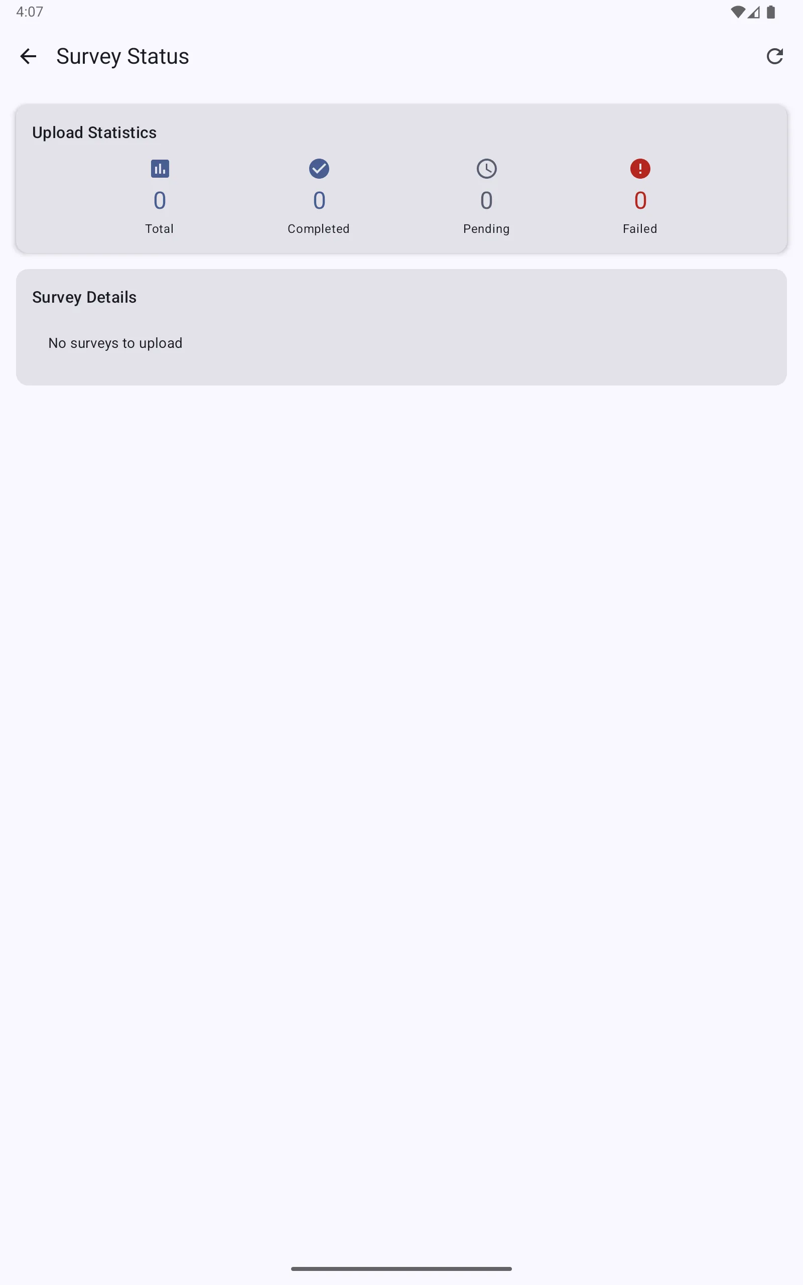 Survey Status screen showing upload statistics