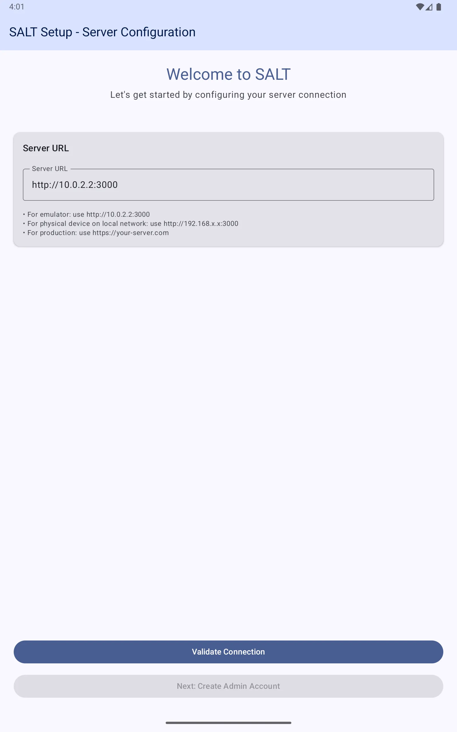 Server configuration screen