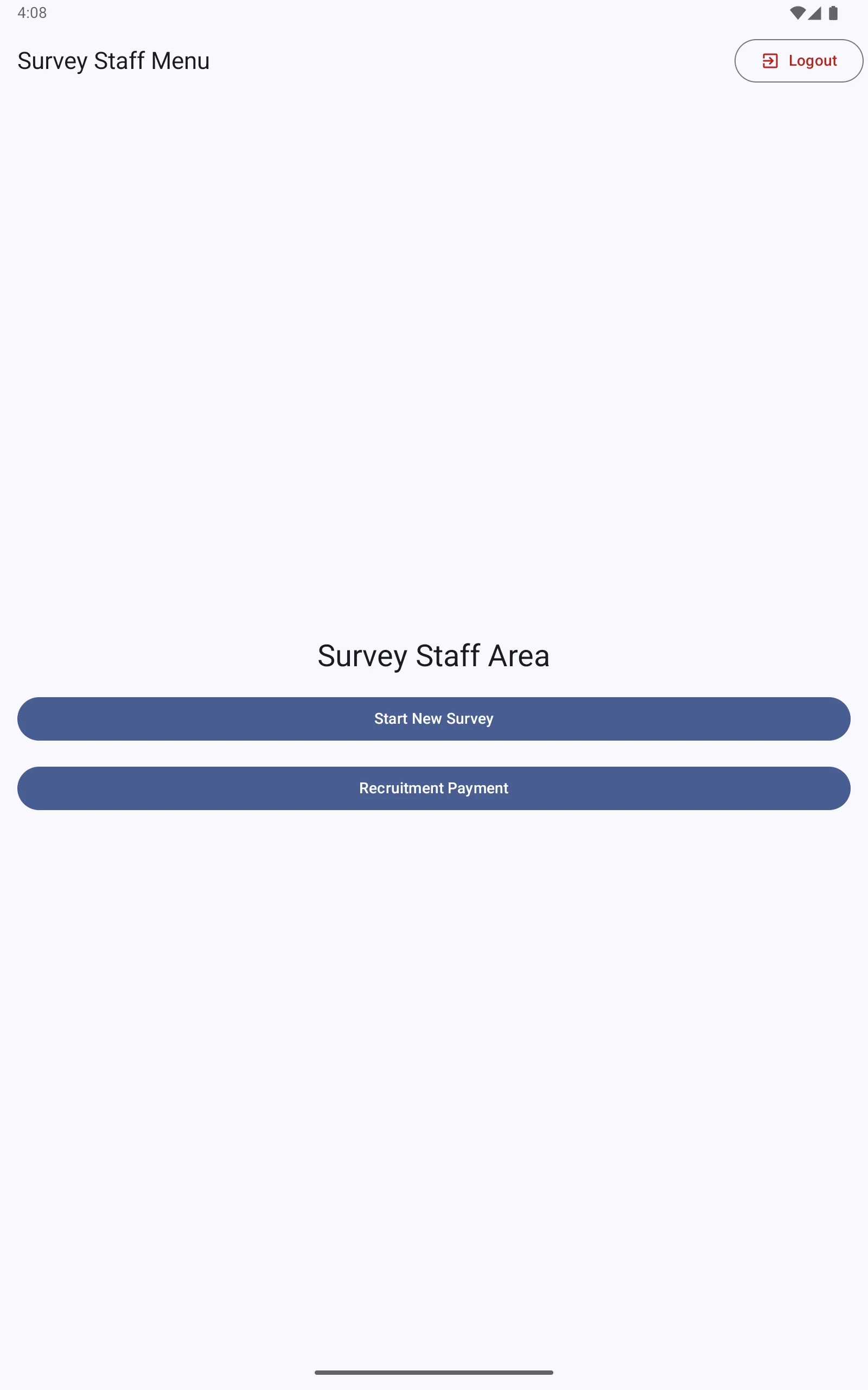 Survey Staff Menu with Start New Survey and Recruitment Payment buttons